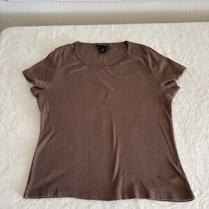 Style & Co Women's 2X Brown Ribbed Short Sleeve Top Rhinestone Neckline